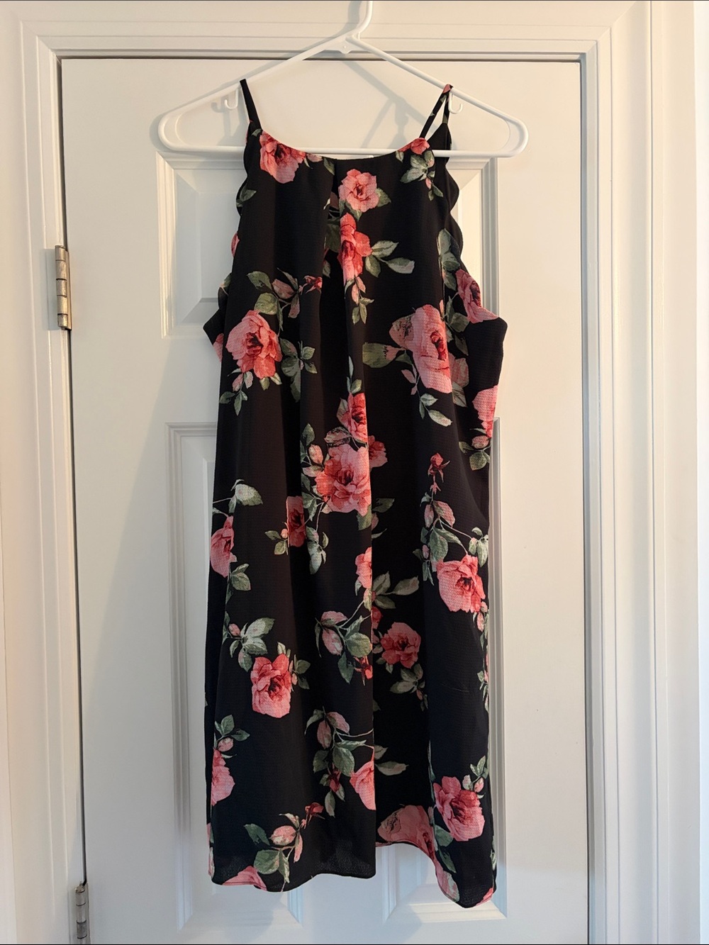 Black Floral Spaghetti Strap Dress with Pink Rose Print